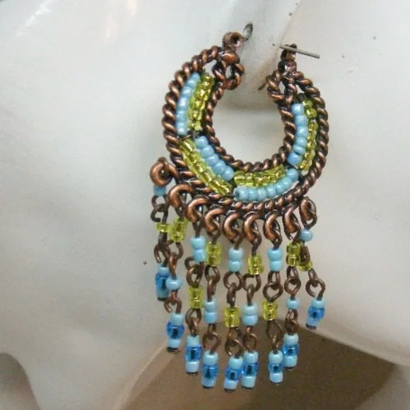 Vintage Southwest Turquoise Bead Hoops Dangle Earrings Chandelier Boho Earrings - Picture 4 of 9